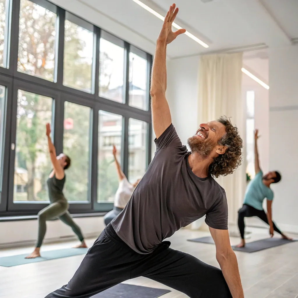 David participating in a yoga class with enthusiasm