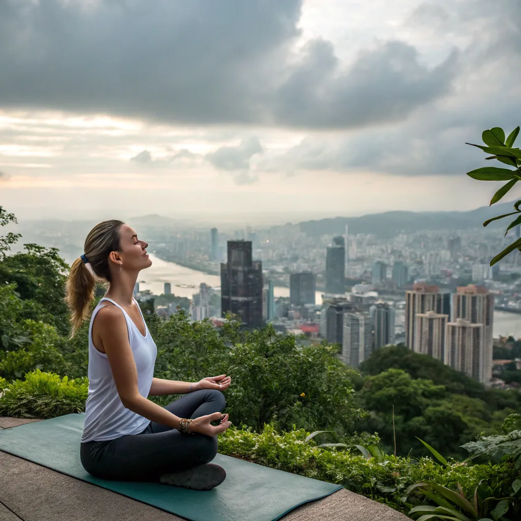 Sarah enjoying a peaceful yoga session overlooking the city